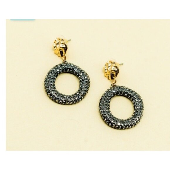 PANACEA Luxe Post Hoop Earrings Gold Tone Black Crystal Circle Statement Jewelry - Picture 1 of 5